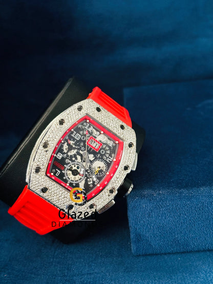 Iced Out Skeleton Dial Red Rubber Strap Watch 