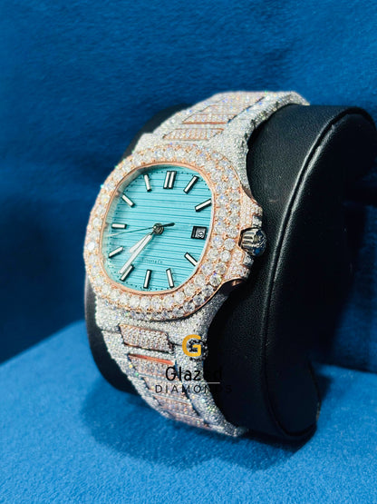 Iced Tiffany Blue Dial Moissanite Diamond Studded Watch