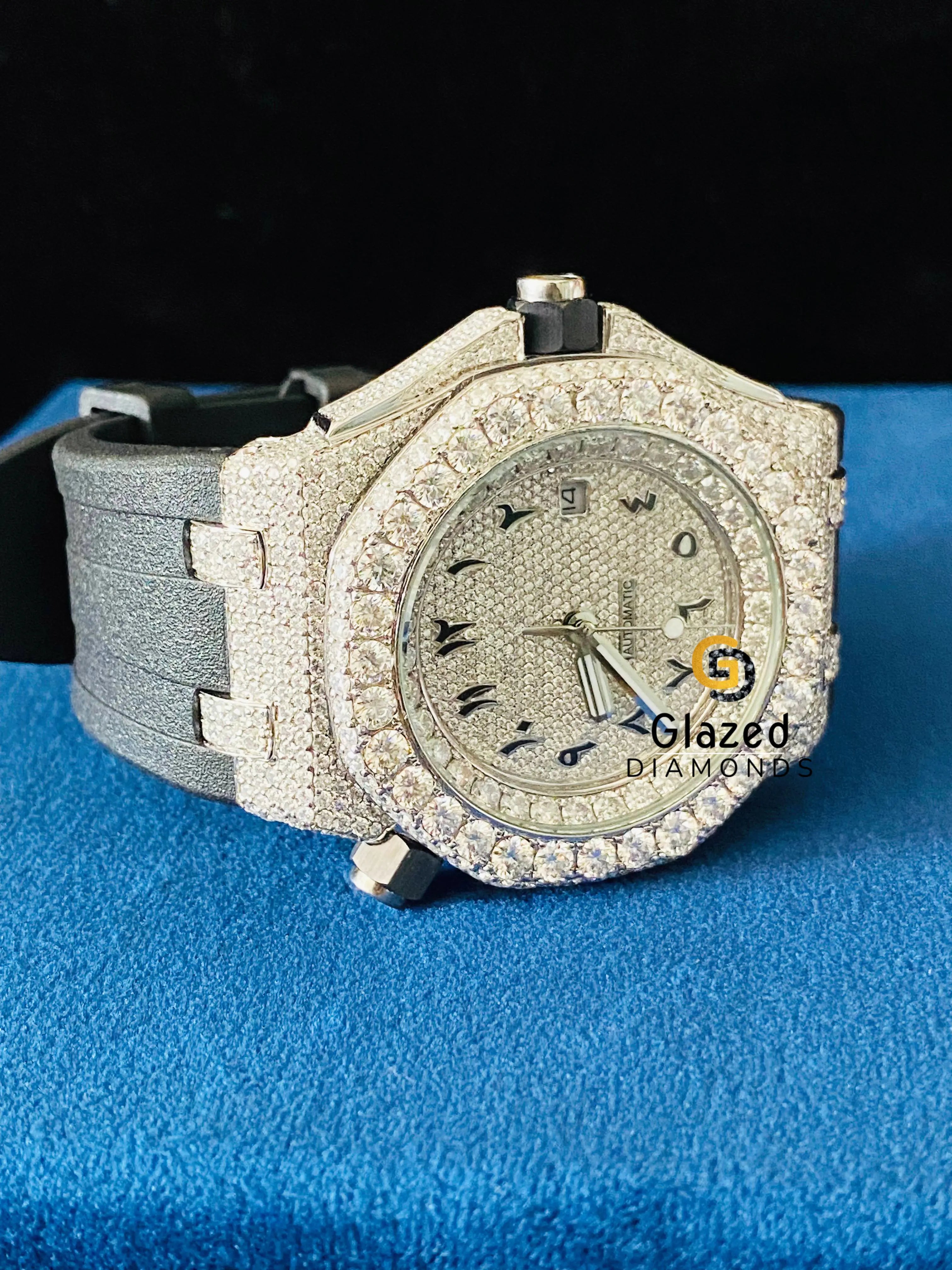 Icy Bling Black Silicon Strap Arabic Face Dial VVS Moissanite Watch
