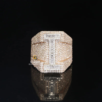 Custom Baguette & Round Moissanite Initial Letter Ring