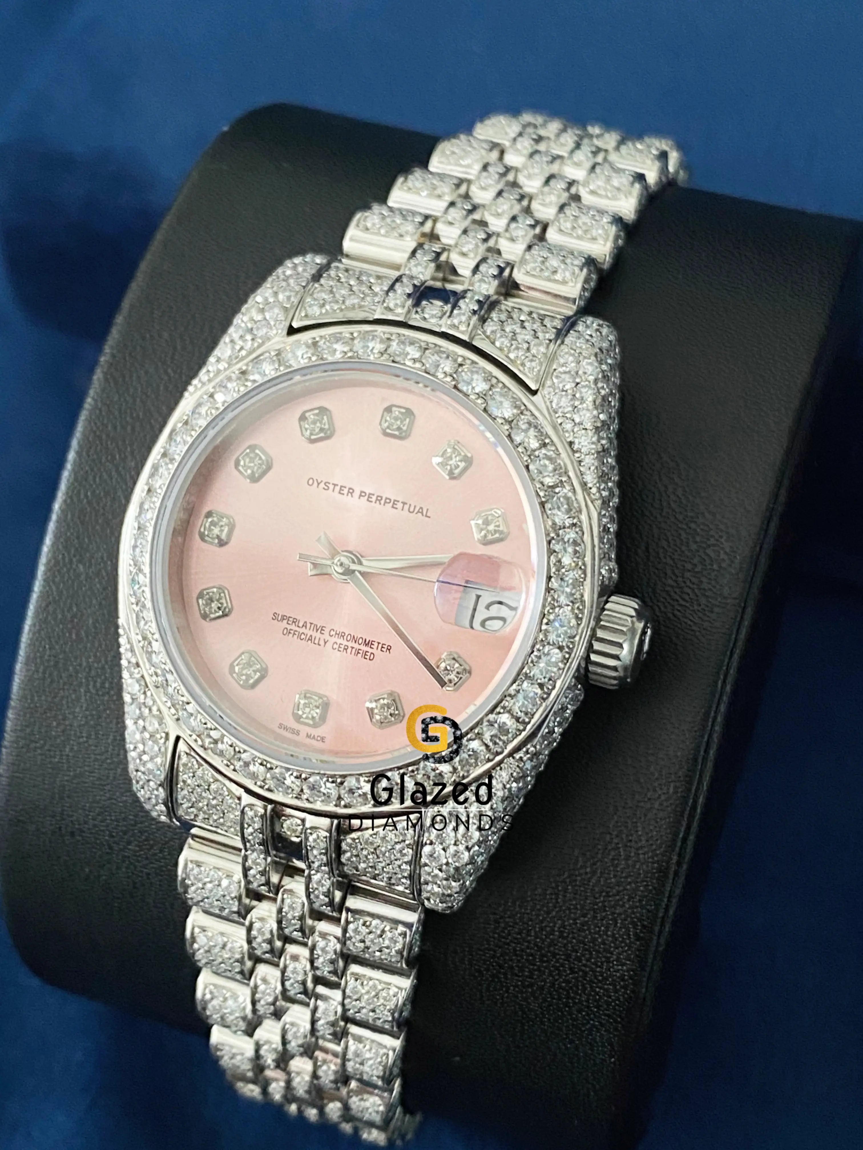Pink Dial Fully Iced Out Moissanite Diamond Studded Watch