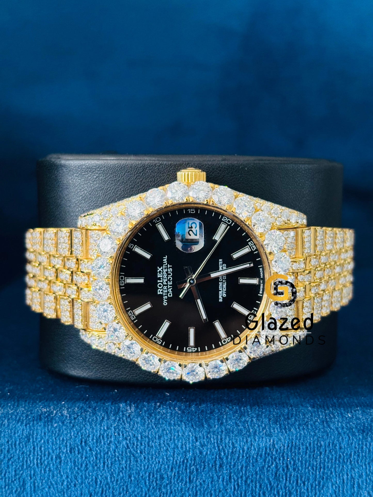 Jubilee Strap Black Dial Bust Down Moissanite Watch for Him