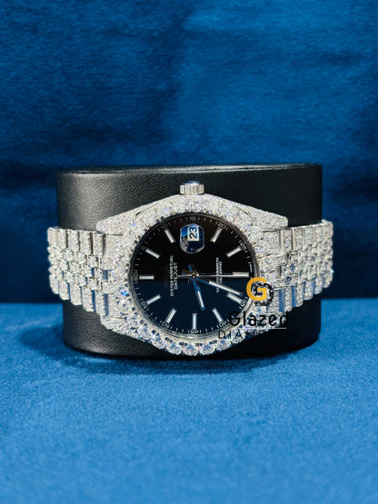 Jubilee Strap Black Dial Bust Down Moissanite Wrist Watch
