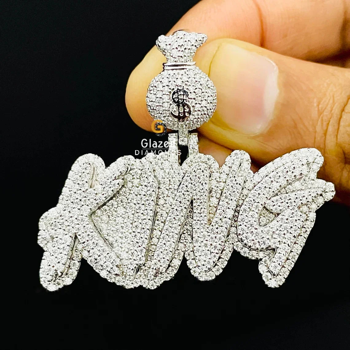 Hip Hop King Name Moissanite Pendant with Dollar Bag Bail