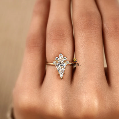 Kite Cut Lab Diamond Floral Halo Wedding Ring