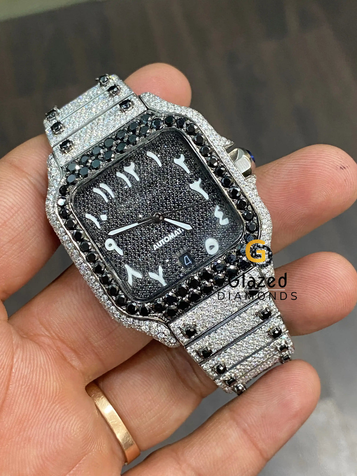 Latest Black & White Moissanite Diamond Studded Arabic Numeral Iced Watch