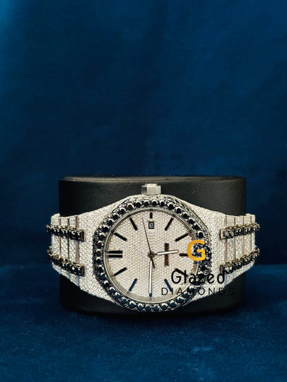 Luxury Men Stainless Steel Black Diamond Iced Out Hip hop Watch