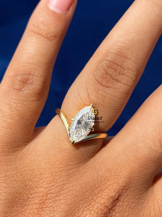 Marquise Cut Moissanite Curved Setting Engagement Solitaire Ring