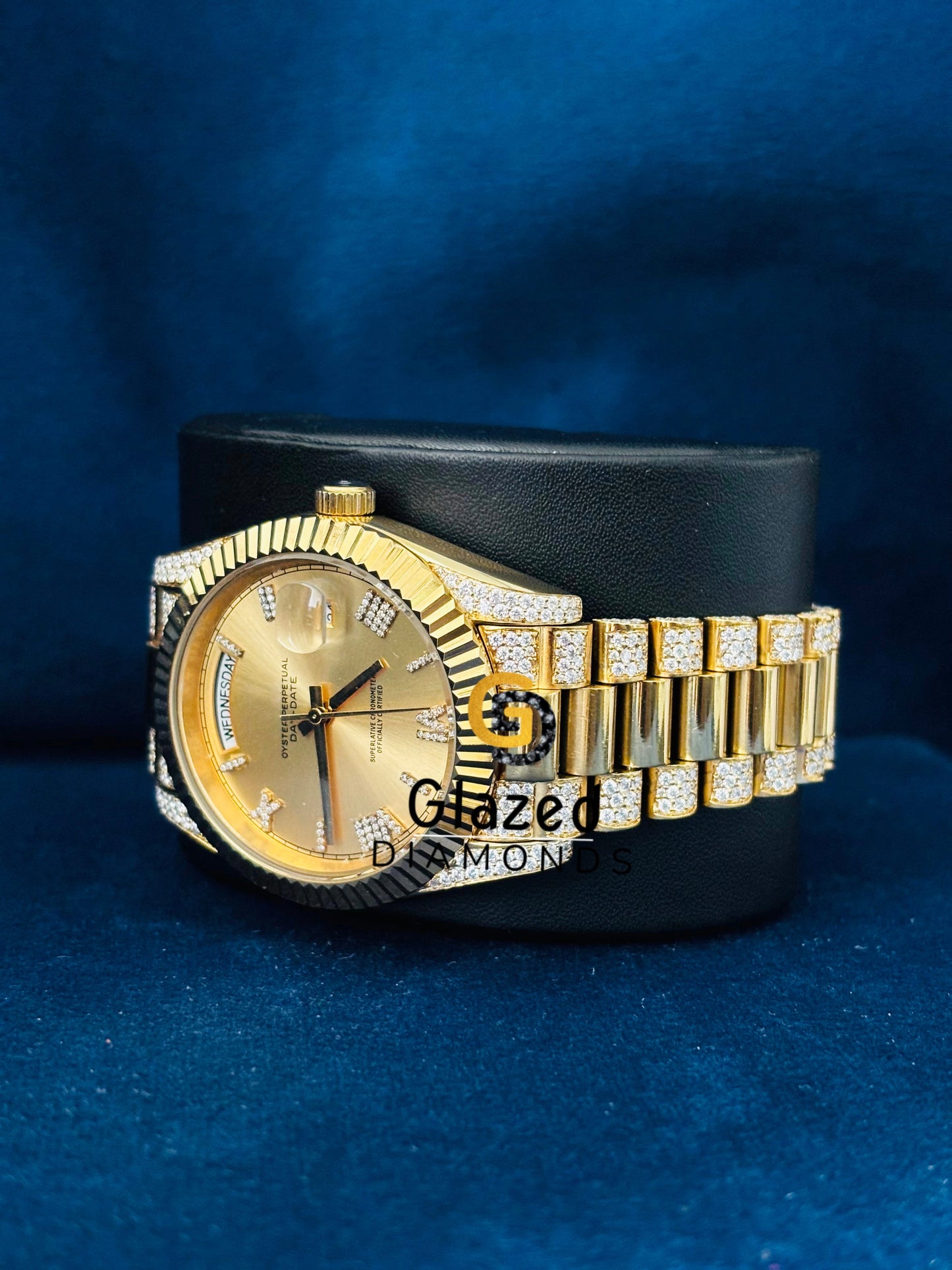 Yellow Gold Palted Roman Number Bust Down Moissanite Watch