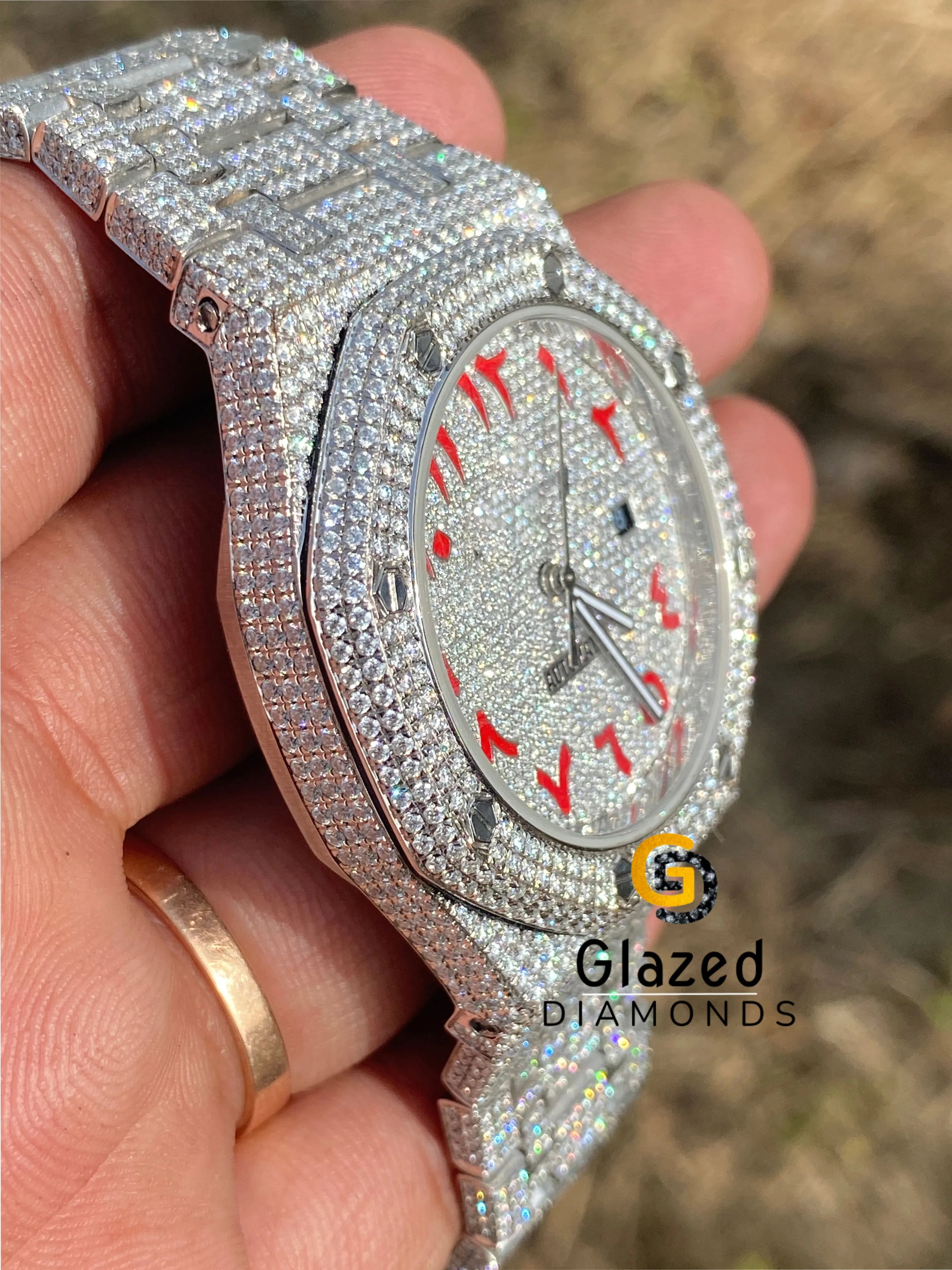 Red Arabic Numerals VVS Moissanite Studded Diamond Watch