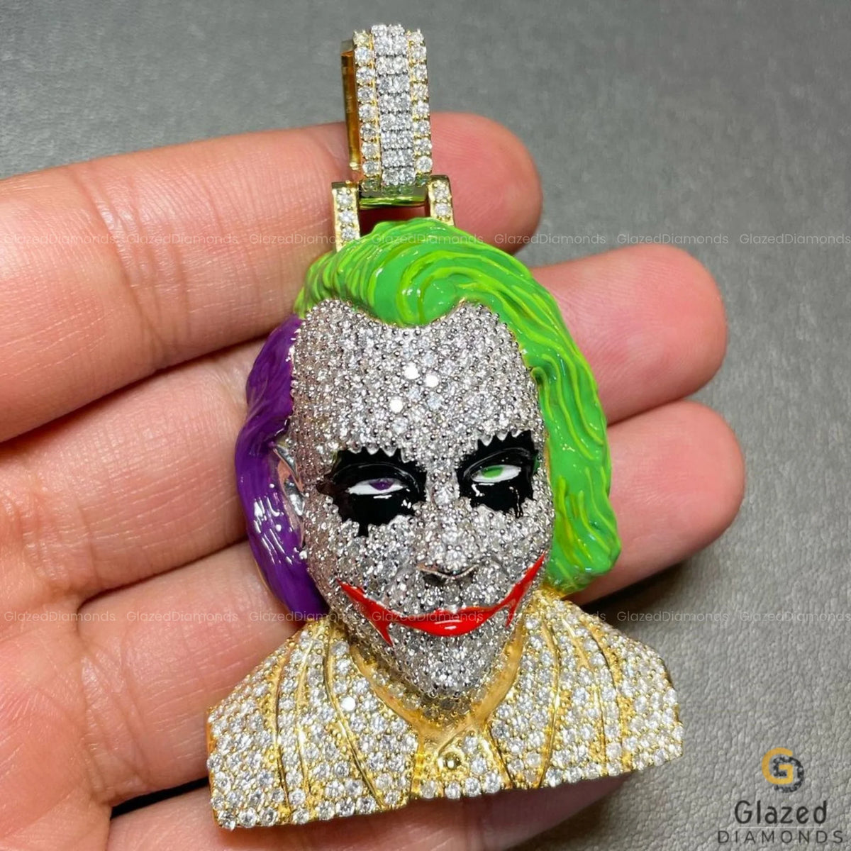 Two Tone Men's Enamel Iced 3D Joker Face Diamond Pendant