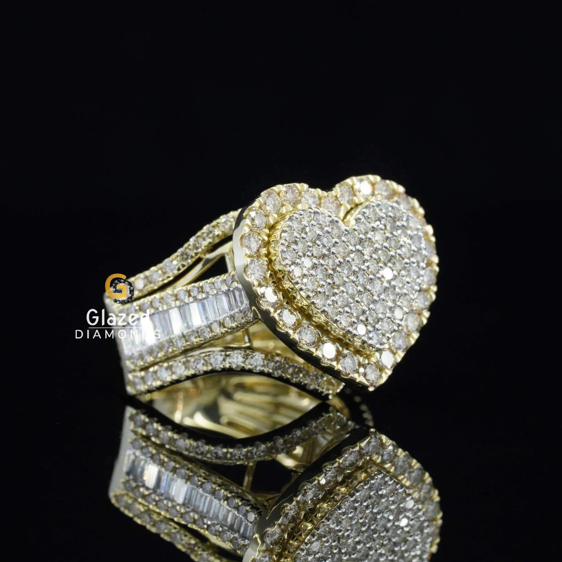 Unique Heart Shaped Iced Out Moissanite Diamond Studded Bust Down Ring For Mens