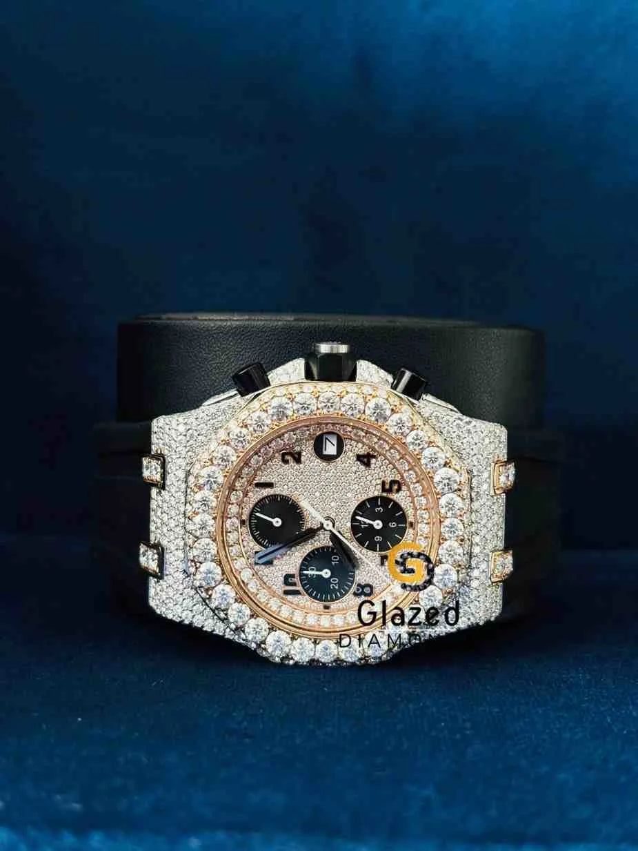 Men_s Black Number Dial Iced Out Moissanite Watch