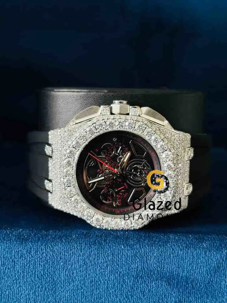 Men_s Black Silicone Strap Half Studded Moissanite Watch