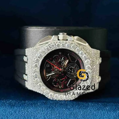 Men_s Black Silicone Strap Half Studded Moissanite Watch
