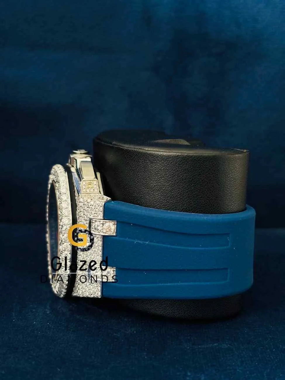 Men_s Blue Silicon Strap Half Studded Moissanite Watch