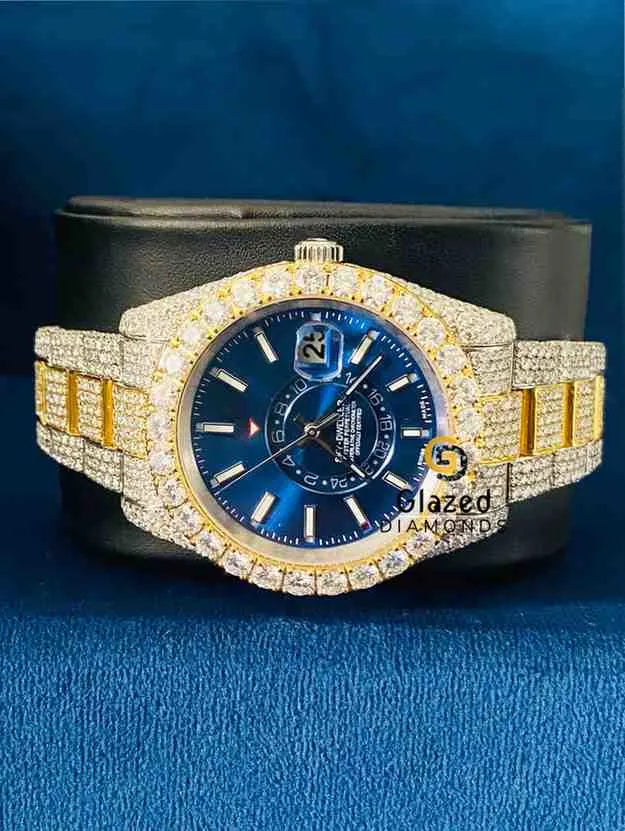Men_s Bust Down Royal Blue Sky Dweller StickDial Moissanite Watch