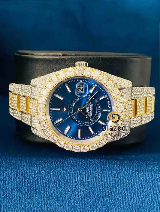 Men_s Bust Down Royal Blue Sky Dweller StickDial Moissanite Watch