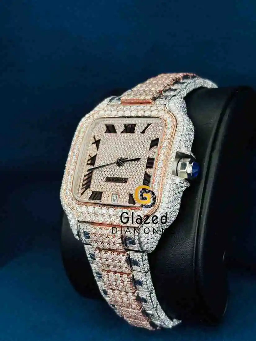 Men_s Iced Out Diamond Studd Roman Number Dial Cartier Moissanite Watch