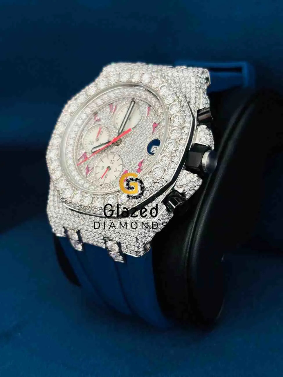 Men_s Pink Arabic Number Dial Diamond Studd Moissanite Watch