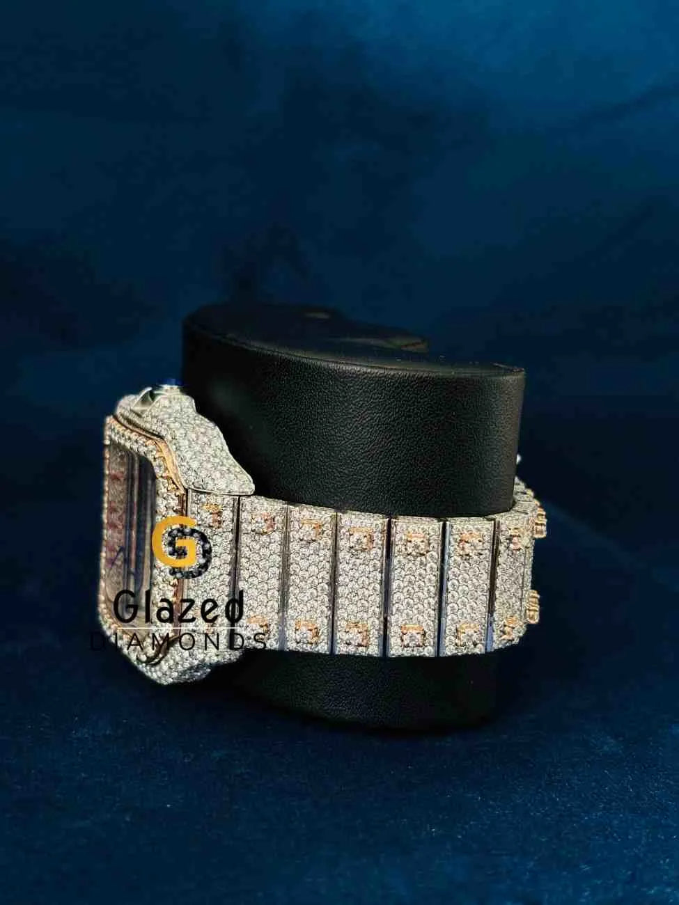 Men_s Pink Arabic Number Dial Hip Hop Moissanite Watch