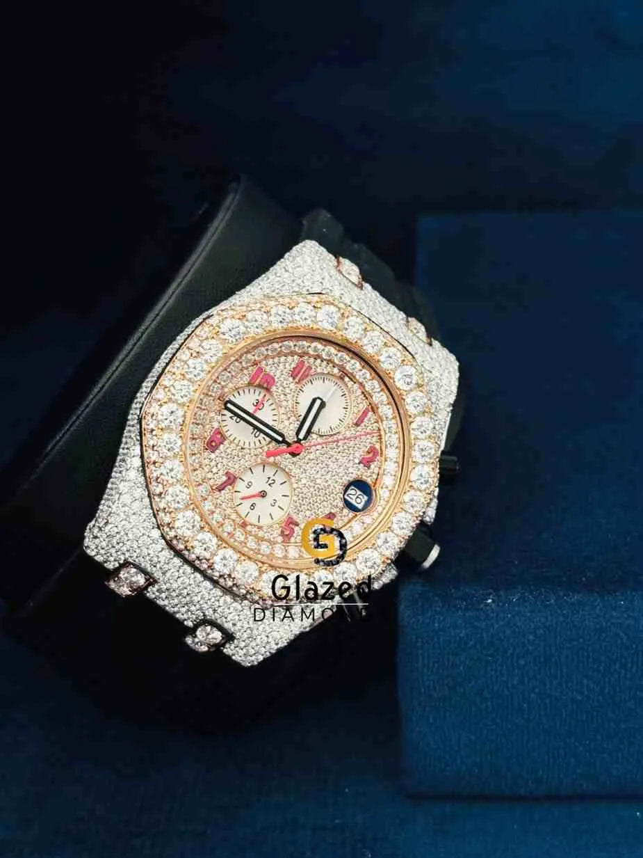 Men_s Pink Number Dial Iced Out Moissanite Watch