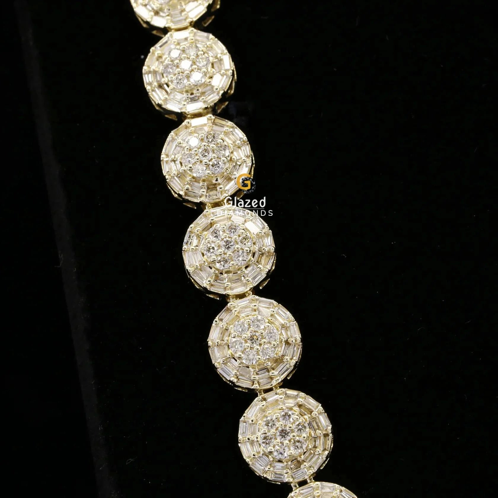 Iced Out Baguette and Round Moissanite Diamond Halo Style Tennis Chain