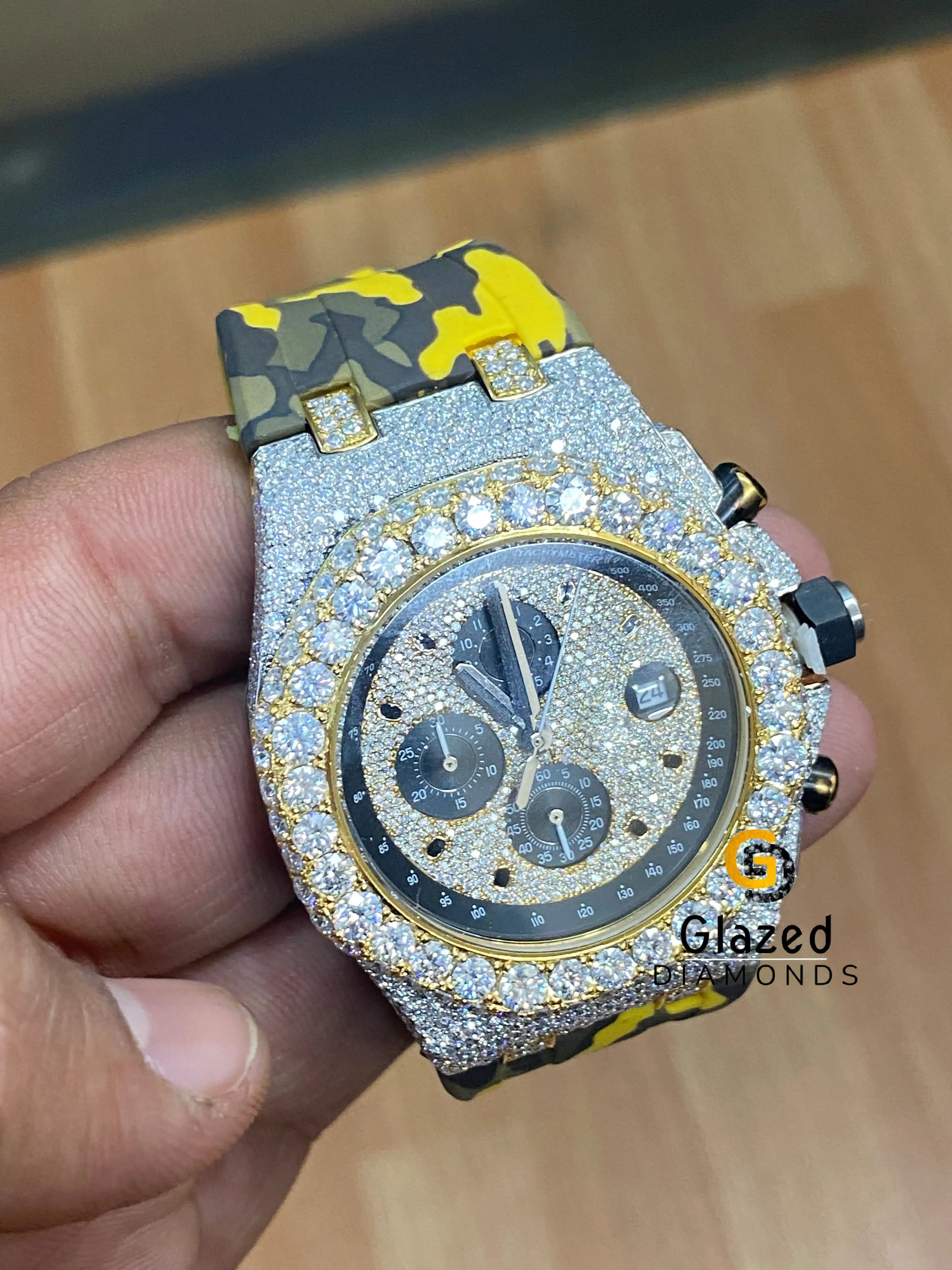 42 MM Iced Chronograph Diamond Dial Silicon Army Belt Mens Watch