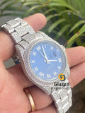 Blue Dial Stainless Steel Roman Numerals Moissanite Diamond Studded Watch