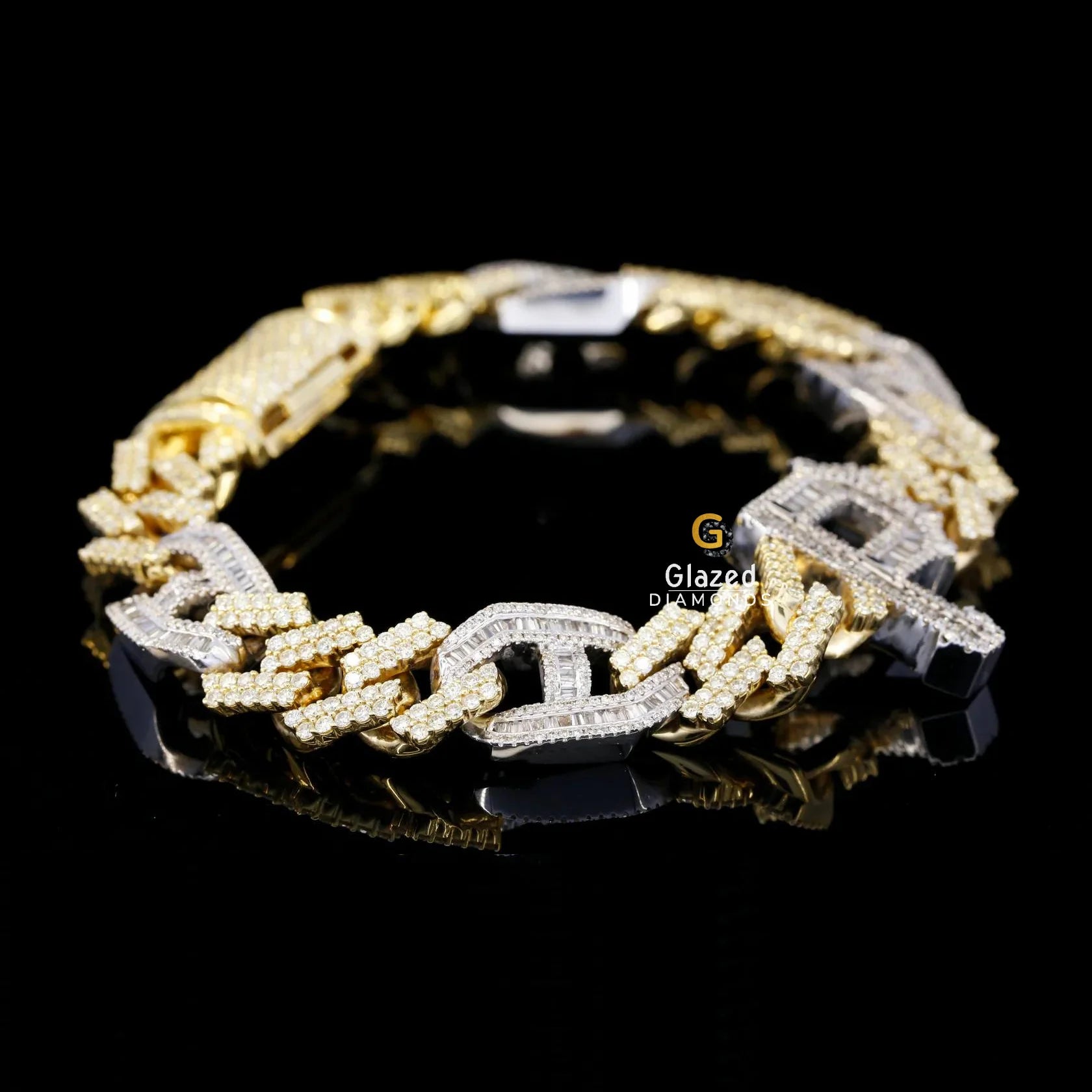 Iced Out 14MM Cuban Link Initial P Letter Baguette and Round Moissanite Bracelet