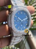 40MM Blue Chronograph Dial Iced Out Moissanite Mens Watch