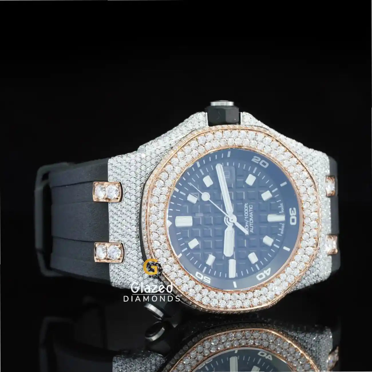 Face Diaal Iced Out Moissanite Watch For Men In Black Silicon Belt