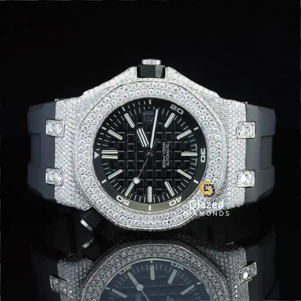 Face Diaal Iced Out Moissanite Watch For Men In Black Silicon Belt