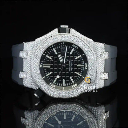 Face Diaal Iced Out Moissanite Watch For Men In Black Silicon Belt
