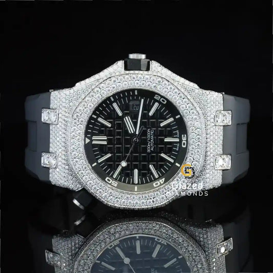 Face Dial Iced Out Moissanite Watch For Men In Black Silicon Belt