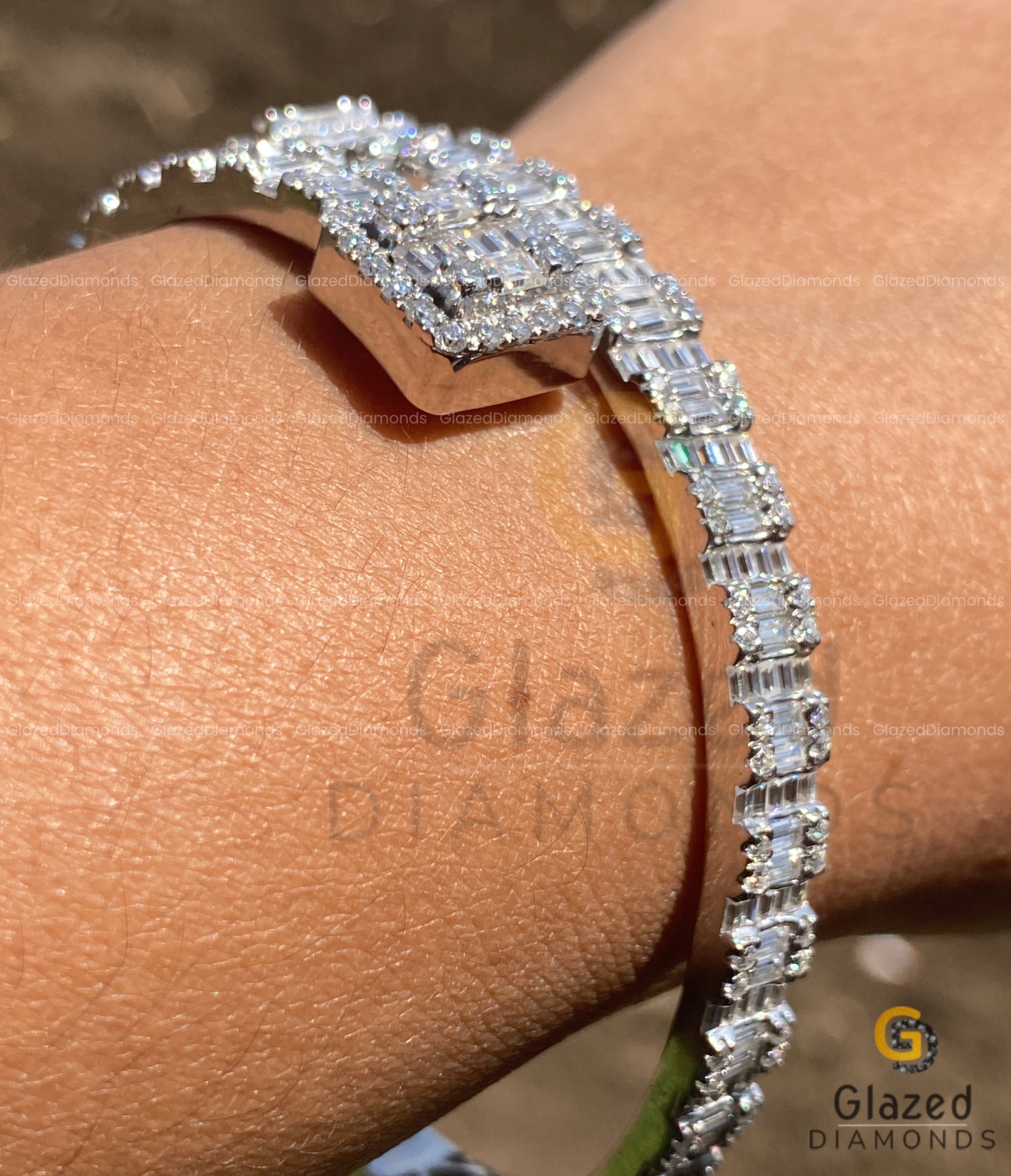 Solid 925 Silver Iced Round and Baguette Moissanite Diamond Cuff Bracelet