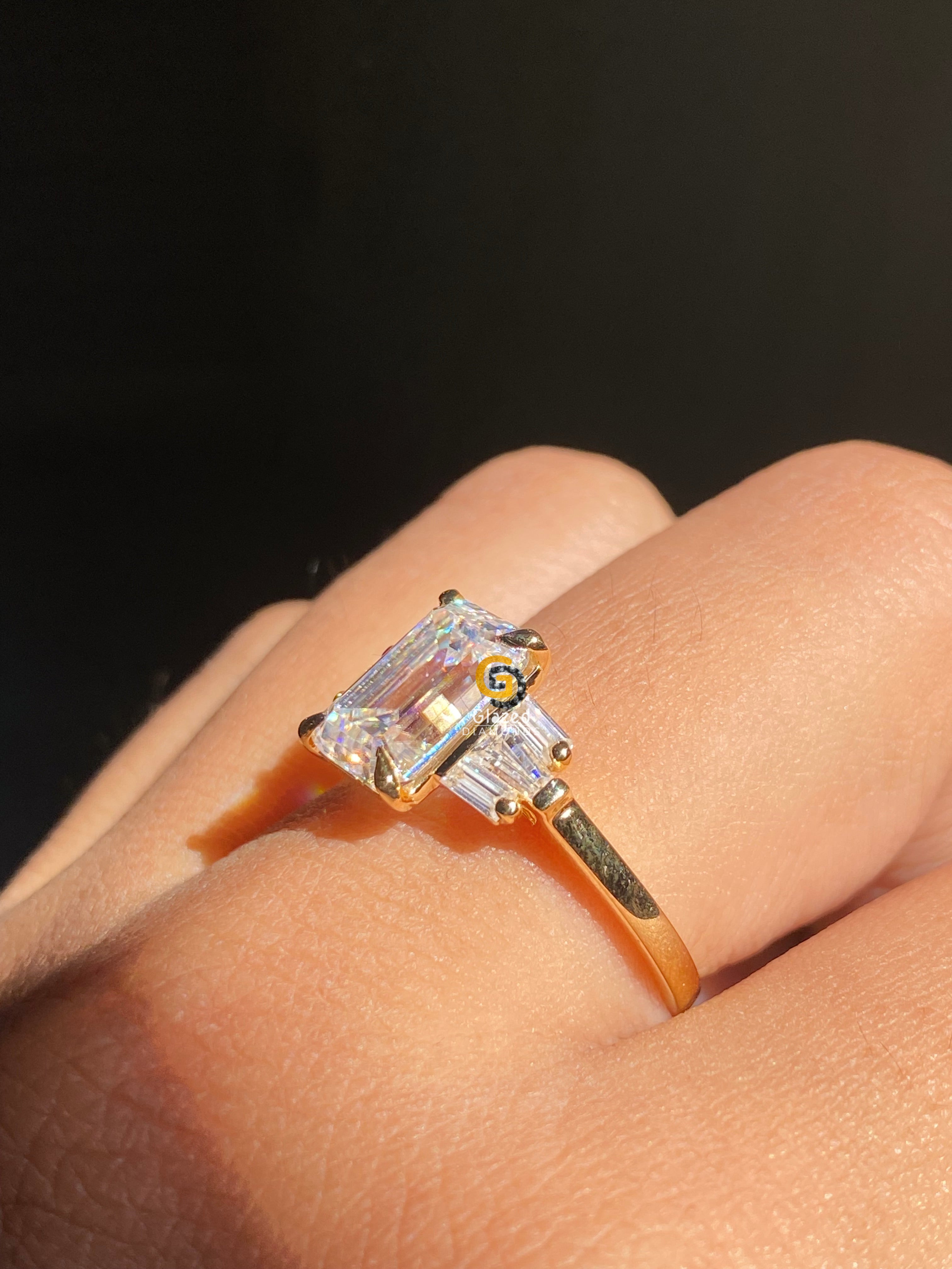 3 CT Emerald Cut Three Stone Side Baguette Moissanite Engagement Ring For Her