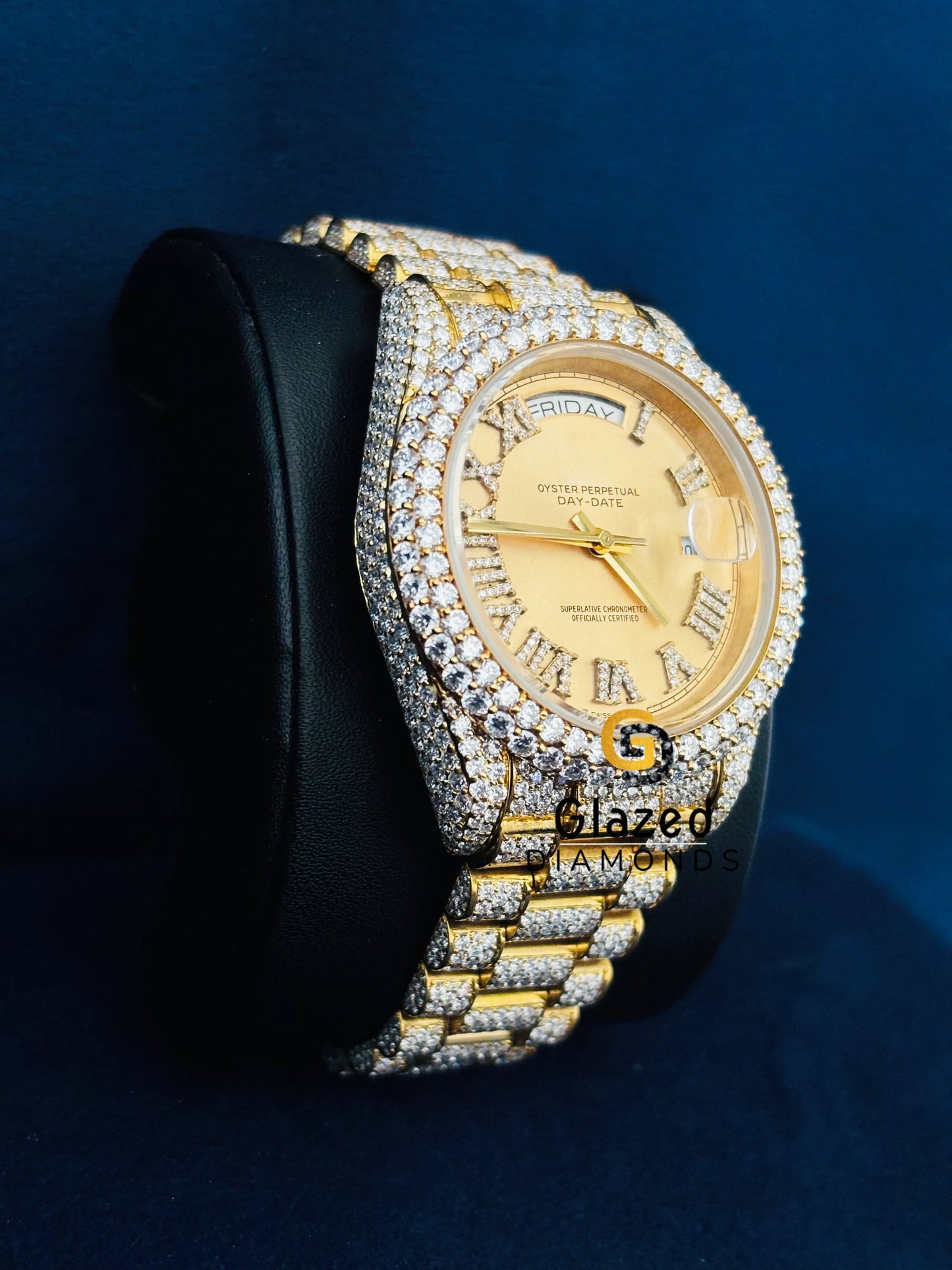 Yellow Dial Studded Roman Number Moissanite Watch