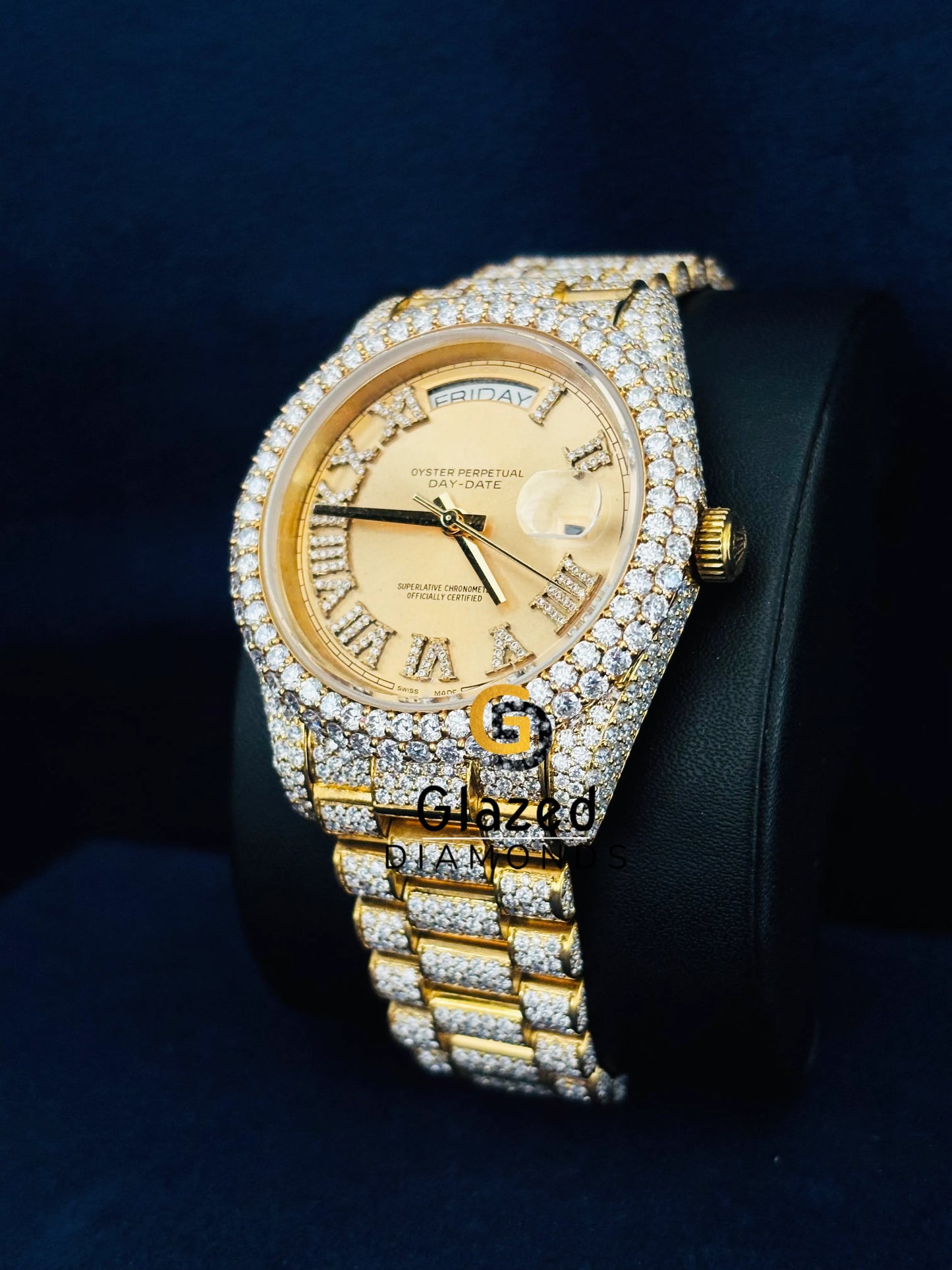 Yellow Dial Studded Roman Number Moissanite Watch
