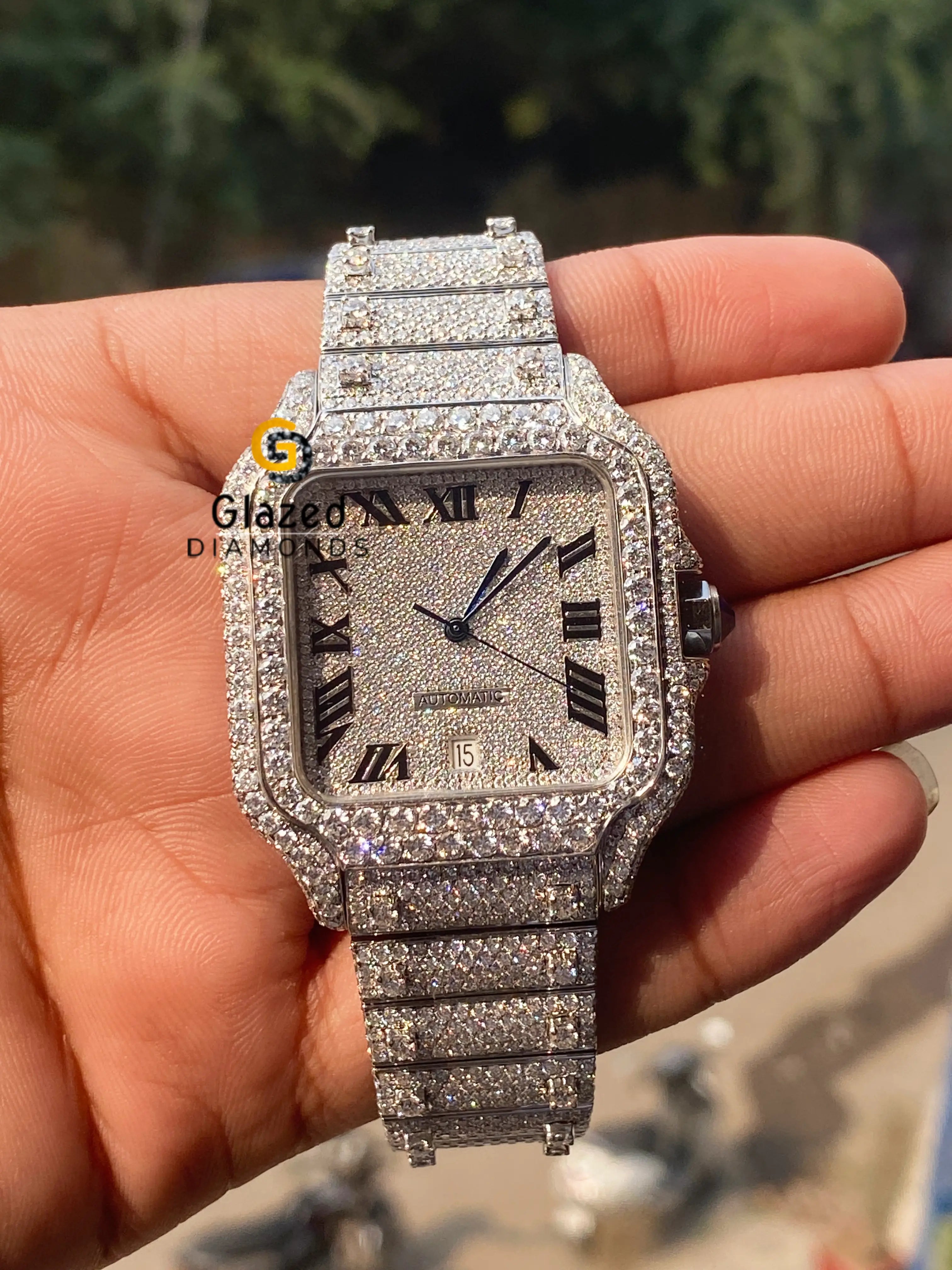 Fully White Bust Down Roman Numeral Moissanite Hip Hop Watch