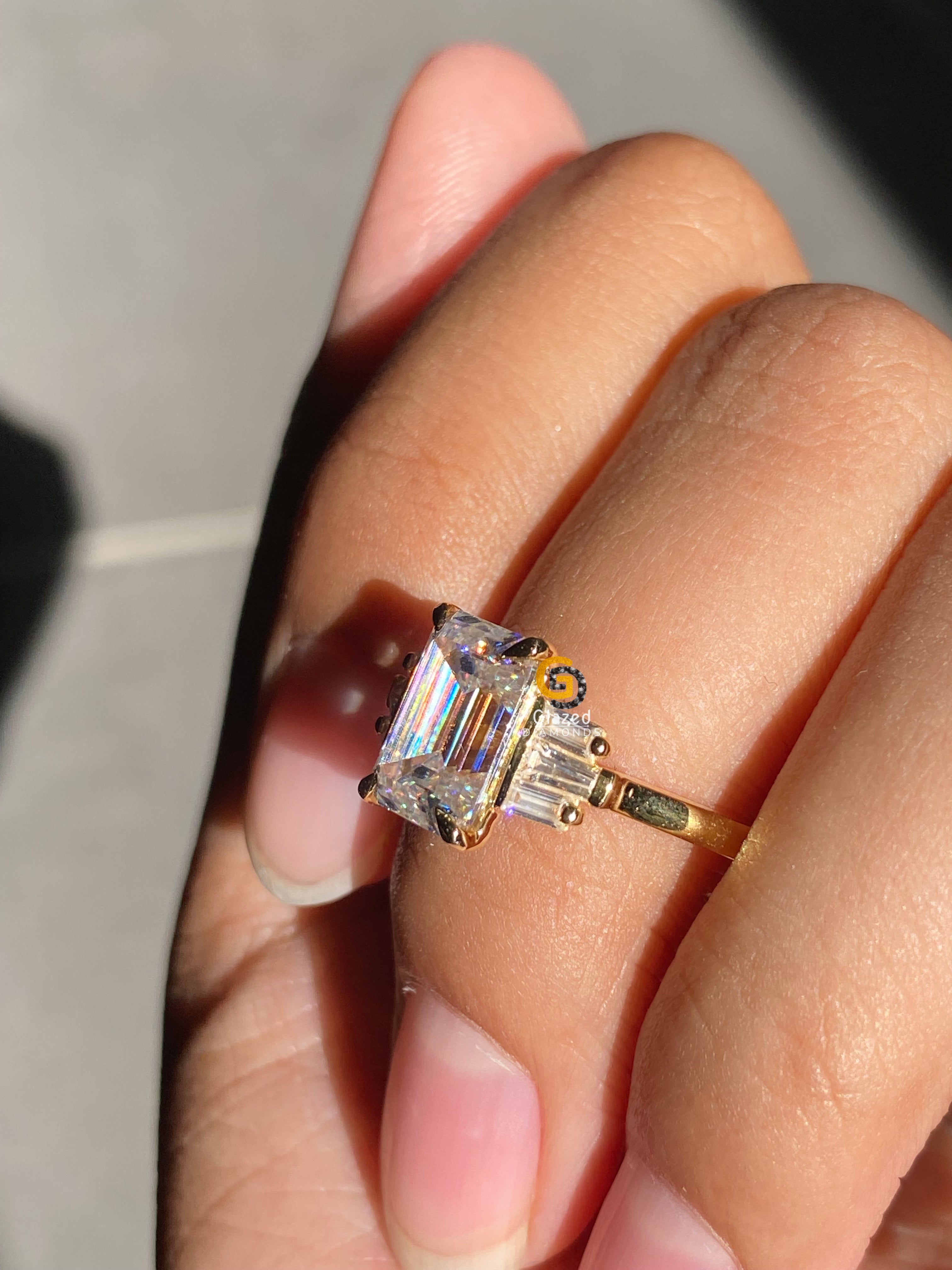 3 CT Emerald Cut Three Stone Side Baguette Moissanite Engagement Ring For Her