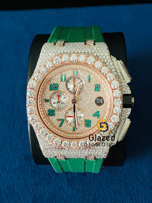 Arabic Face Dial Bust Down Green Silicone Strap VVs Moissanite Watch