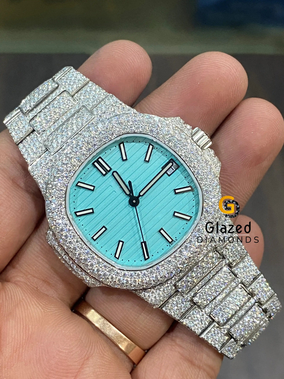 Tiffany Blue Dial Iced Moissanite Diamond Studded Watch