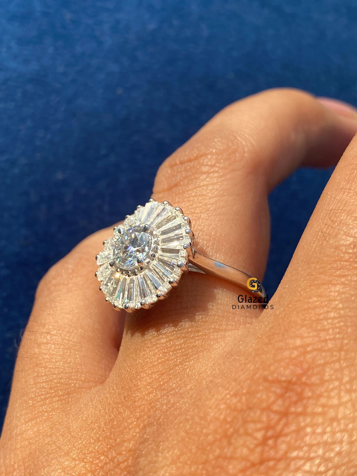 Moissanite Baguette Cut Cluster Halo Engagement Ring For Women