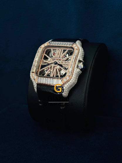 Moissanite Baguette Skeleton Dial Watchs For Him