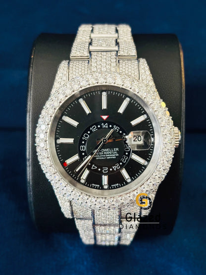 Moissanite Black Dial Sky Dweller Iced Out Watch For Men