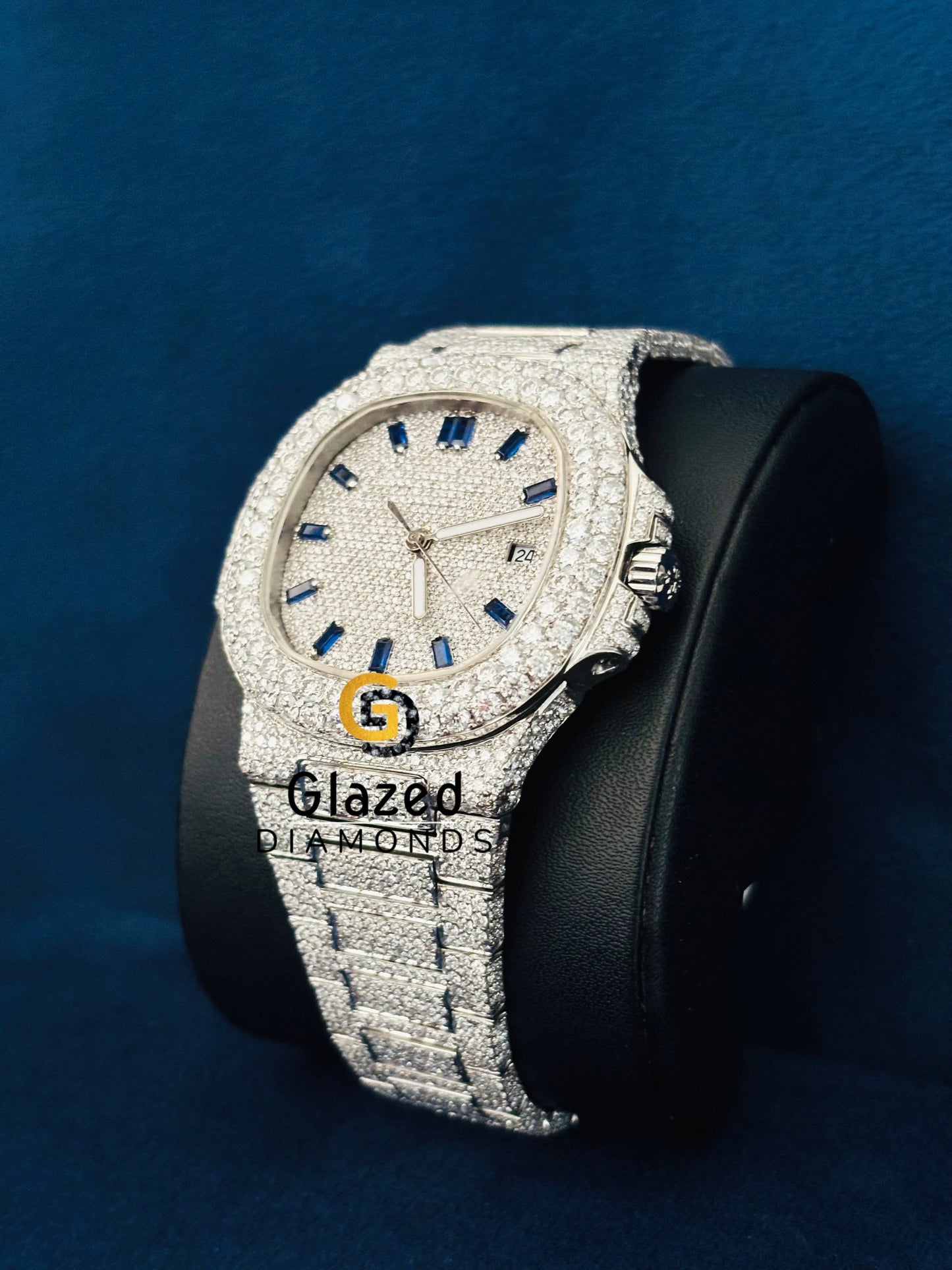 Moissanite Blue Baguette Bar Hip Hip Watch