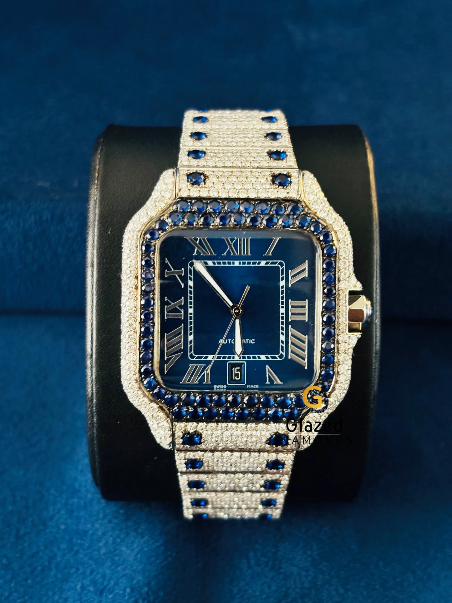 Moissanite Blue Dial Iced Out Hip Hop Roman Number Watch