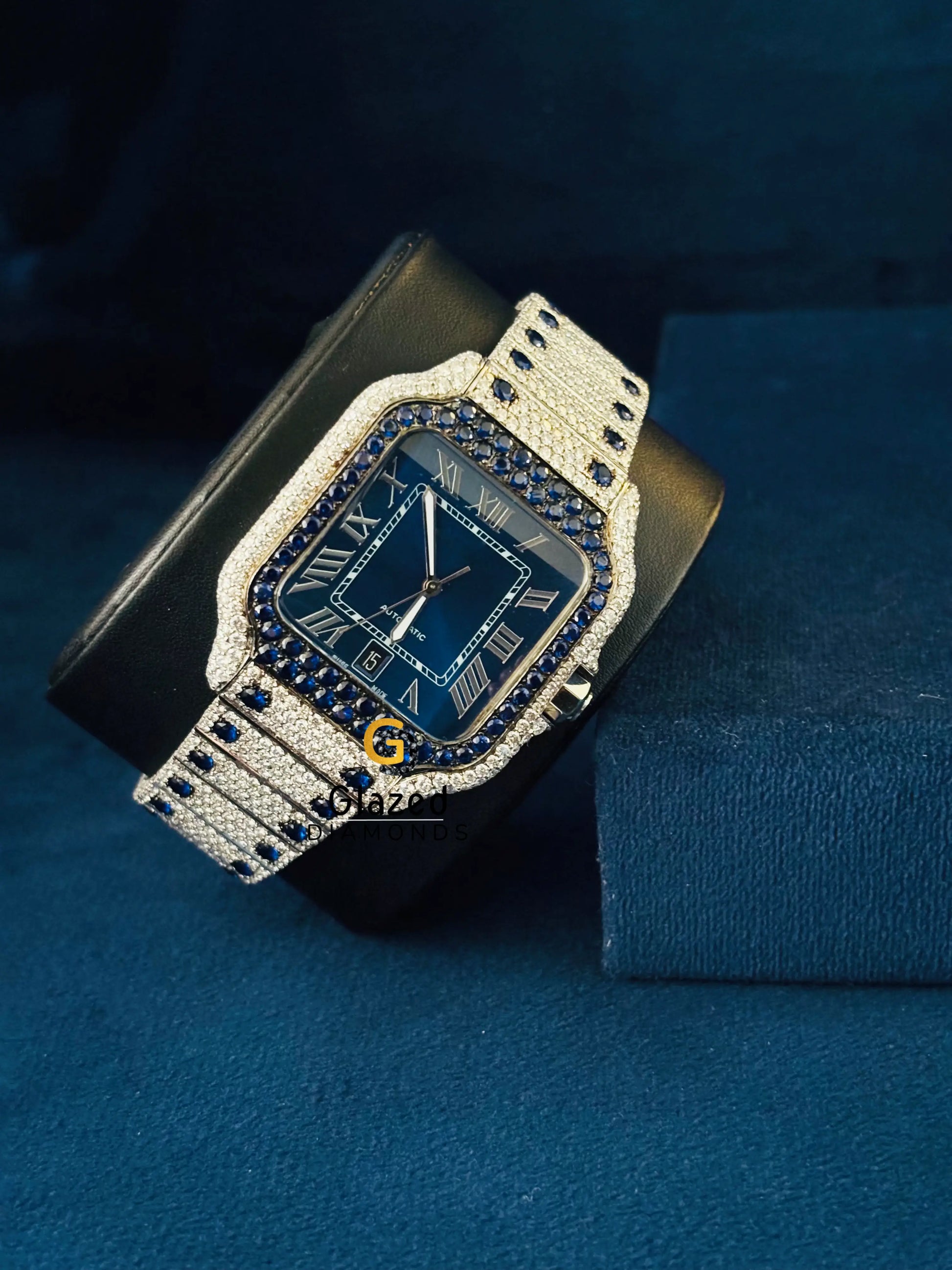 Moissanite Blue Dial Iced Out Hip Hop Roman Number Watch For Men