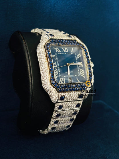 Moissanite Blue Dial Iced Out Roman Number Watch
